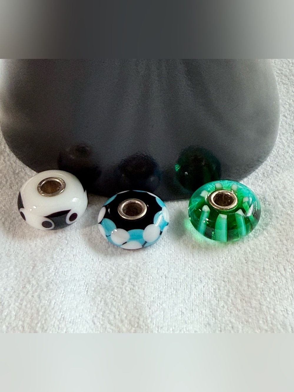 Trollbeads Green, Black, White,Blue Glass Beads Trio
